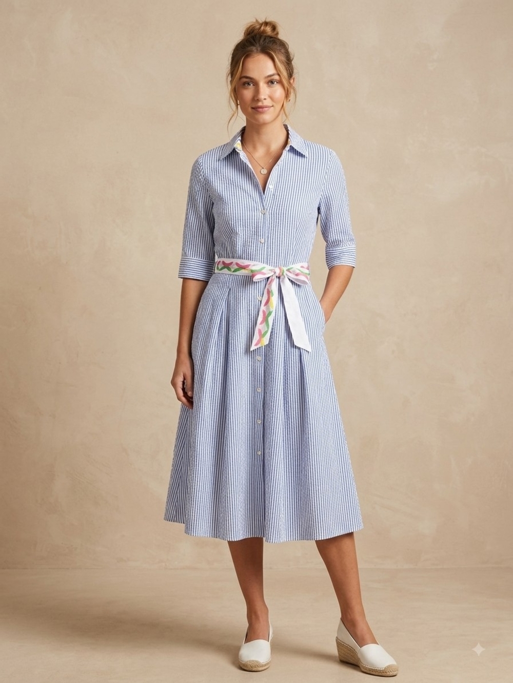 NWT Dizzy Lizzie Madmen Striped Midi Shirtdress Small Navy White Ribbon Belt